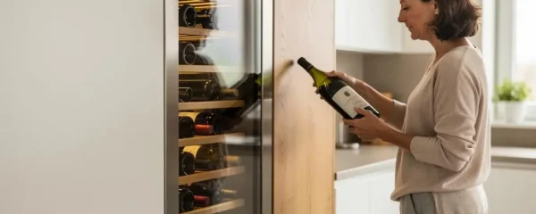 Femme rangeant une bouteille dans une cave à vin encastrée dans les meubles d'une cuisine moderne