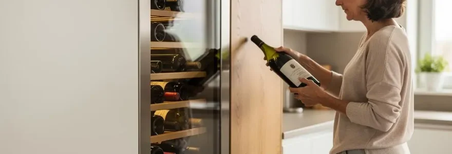 Femme rangeant une bouteille dans une cave à vin encastrée dans les meubles d'une cuisine moderne