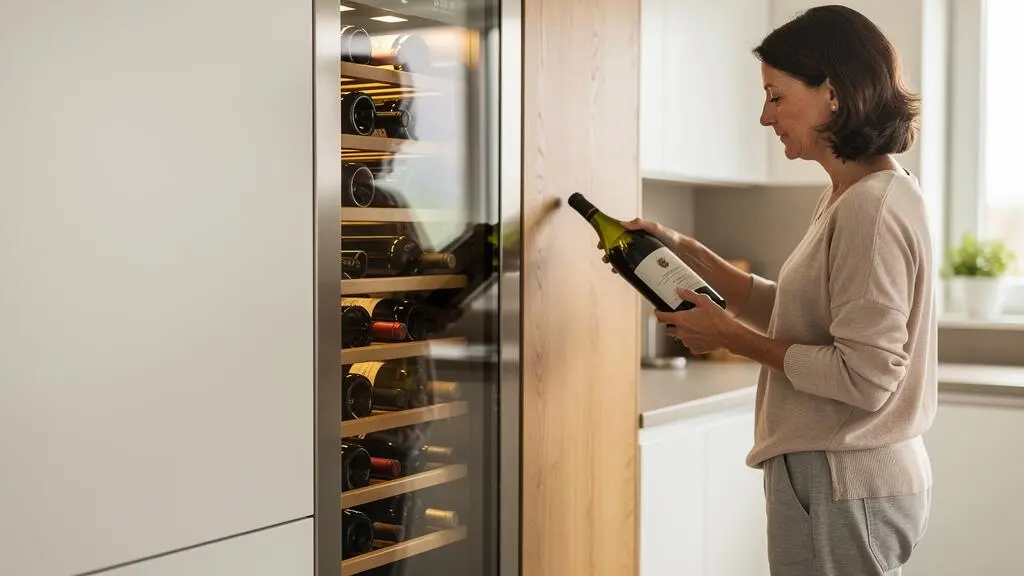 Femme rangeant une bouteille dans une cave à vin encastrée dans les meubles d'une cuisine moderne