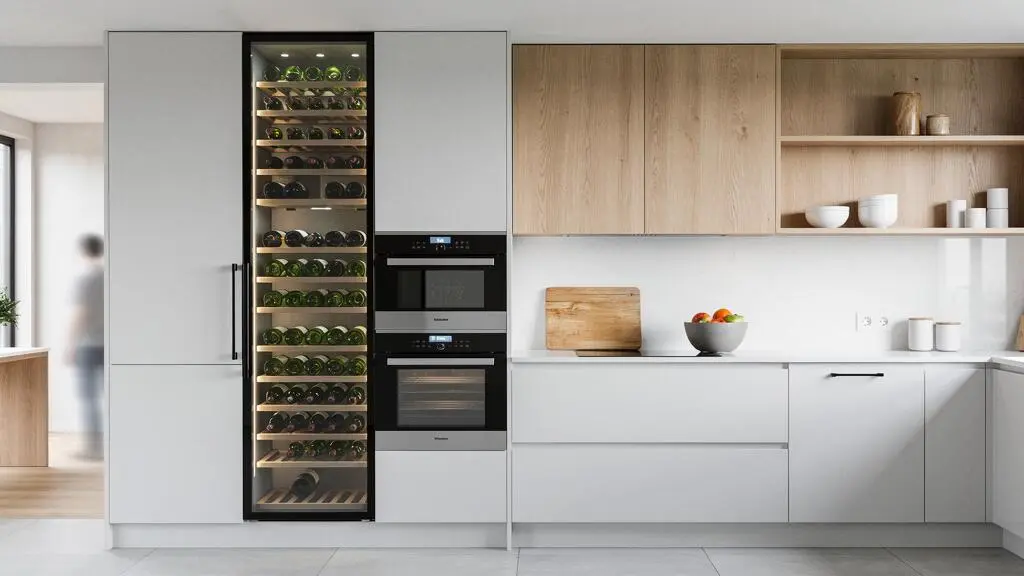 Vue d'ensemble d'une cuisine moderne avec cave à vin encastrée harmonieusement intégrée dans une colonne de meubles
