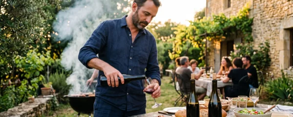 Un homme verse du vin rouge sur une table extérieure dressée pour un barbecue d'été dans un jardin français.
